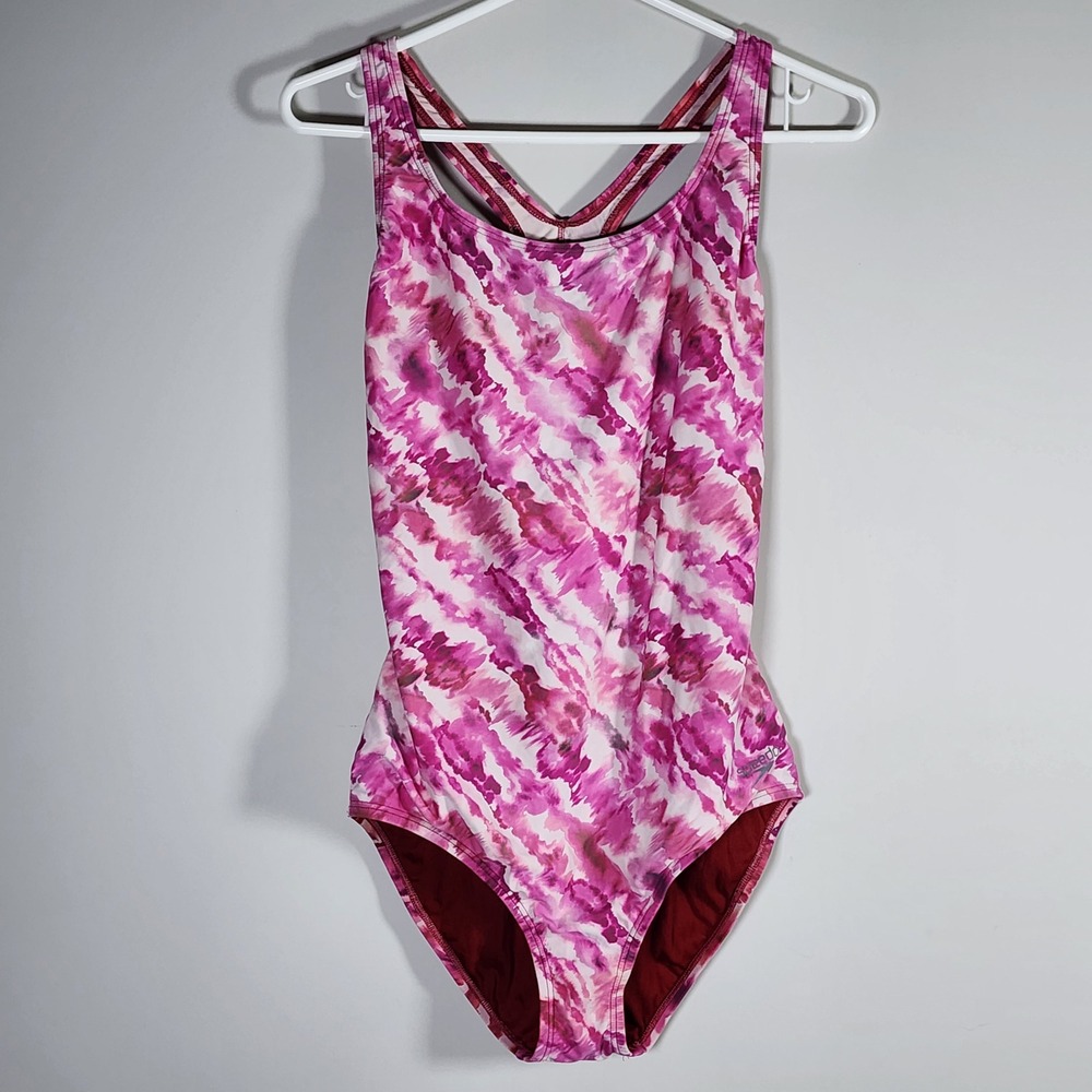 Speedo One Piece Swimsuit Womens 10 Pink Abstract Tie Dye Racerback Athletic